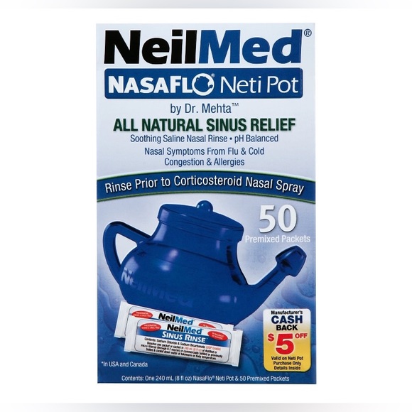 NeilMed NasaFlo Clear Neti-Pot Nasal Wash System with 50 Premixed Packets - Picture 1 of 4